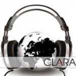 Clara logo - depicting headphones sandwiching the globe.